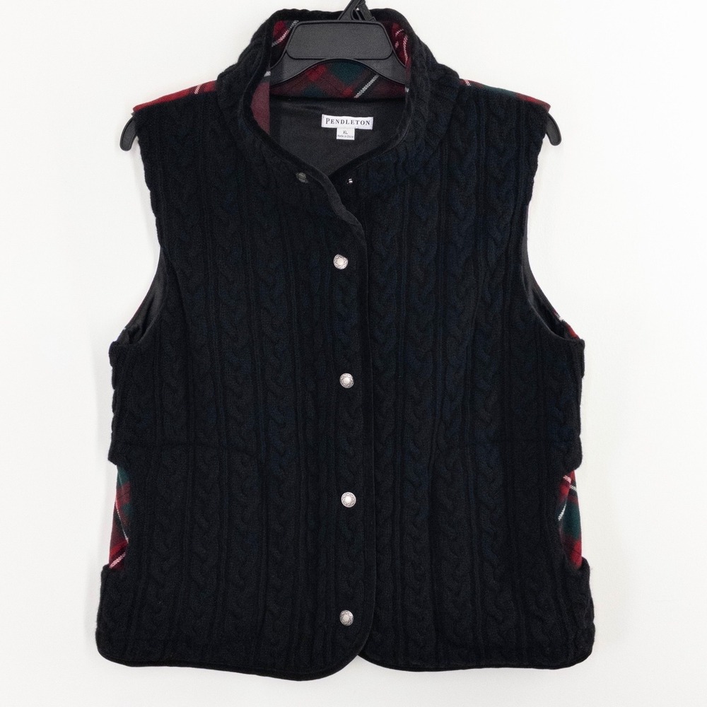 Pendleton Women's XL‎ Wool Cable Knit Vest Plaid Tartan Snap Front NWT MSRP $148